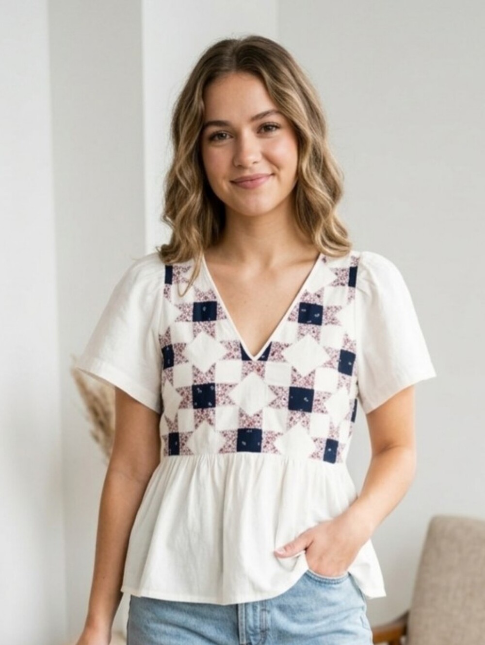 NWT Madewell Flutter-Sleeve Peplum Top in Patchwork Quilt, Size XS